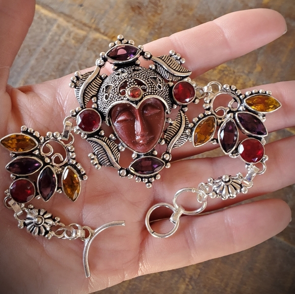 New Carved Goddess Face Multi Gemstone 925 Bracelet. - Picture 9 of 16